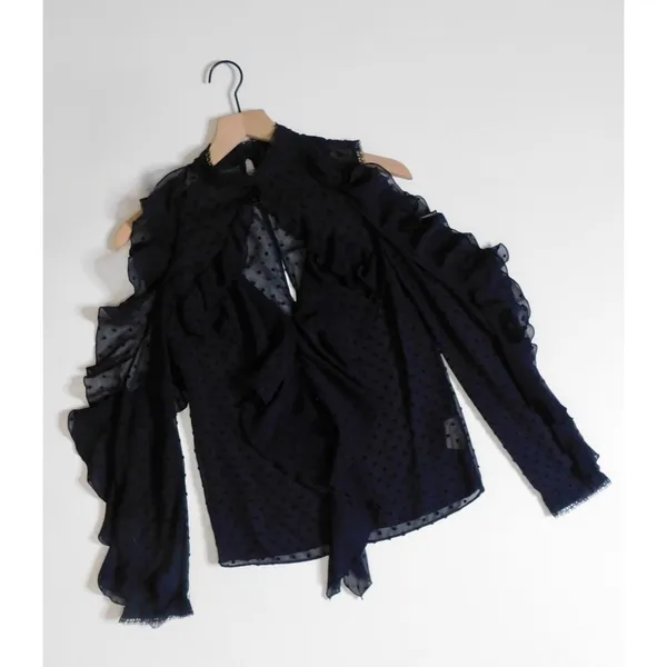 NICHOLAS Navy Blue Swiss Dot Cutout Cold Shoulder‎ Top Blouse Ruffle Size 0 - Image 2