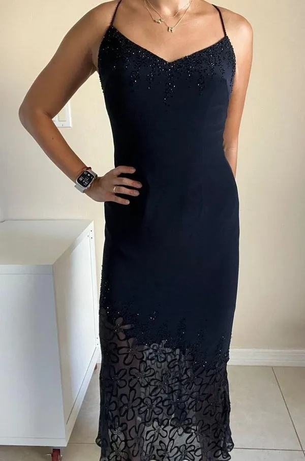 Cache Black Lace Beaded Crisscross Back Evening Formal Mermaid Dress Size 2 - Image 12
