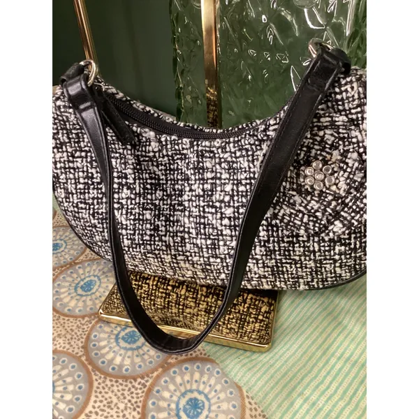 Black White Tweed Flower Rhinestone Shoulder Bag Hobo Purse with Scarf Accessory - Image 5