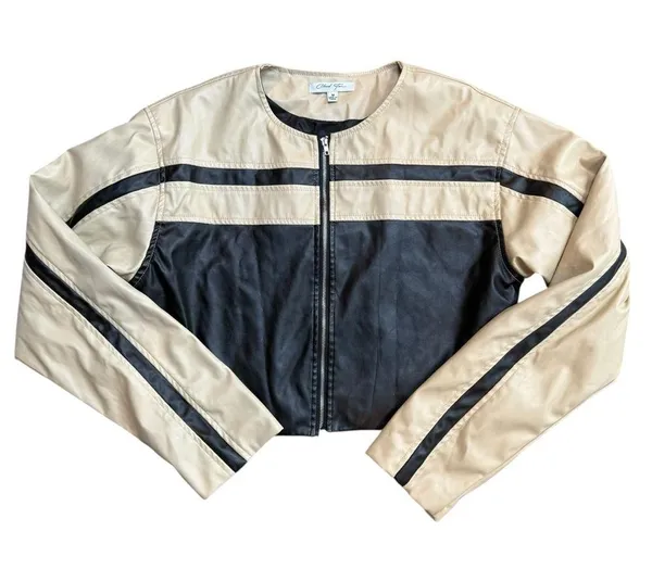 Lane 201 Cloud Ten Women’s Size M Cropped Racer Jacket Black Tan Faux Leather Moto Baddie - Image 7