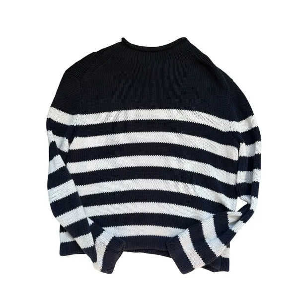 J Crew Always Womens XS Navy White Striped Cotton Mock Neck Shaker Knit‎ Sweater - Image 6