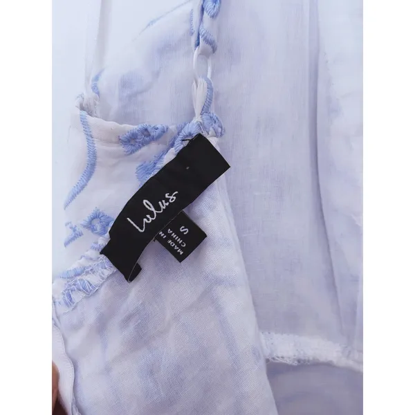Lulus Floral Eyelet Embroidered Midi Dress Small White Blue Preppy Party Greece - Image 5