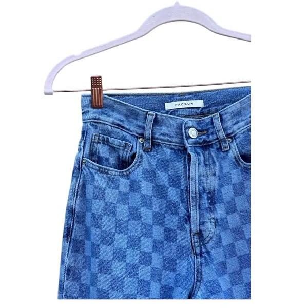 High Rise Straight Leg Raw Hem Checkered Blue Jeans 24 - Image 3