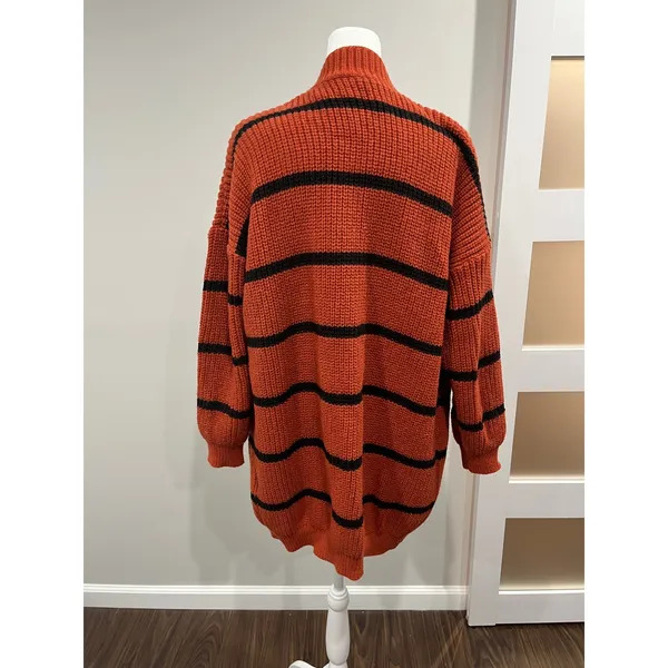 Chunky‎ cozy oversized SHEIN Orange Black Striped Knit Cardigan Sweater Women M - Image 3