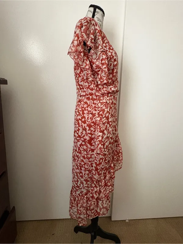 Floral Rust Tie-Waist Midi Dress with V-Neck - Image 3
