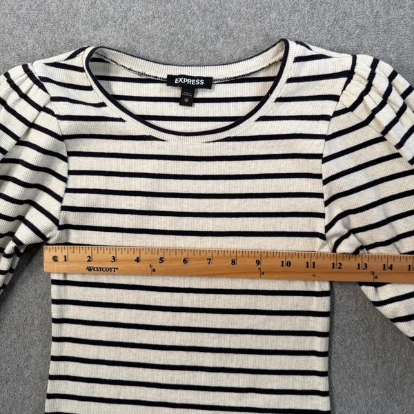 EXPRESS Women's X-Small Striped Ribbed Knit Puff Sleeve Top Cream Black Blouse - Image 7
