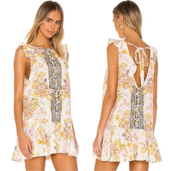 Free People Summer In Tulum Linen Mini Dress Tunic Ivory Floral Size M - Image 2