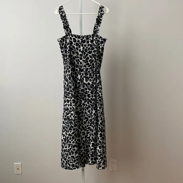 Zara MobWife Moody Animal Print Ruffle Strap Button Midi Dress M Black‎ White - Image 5