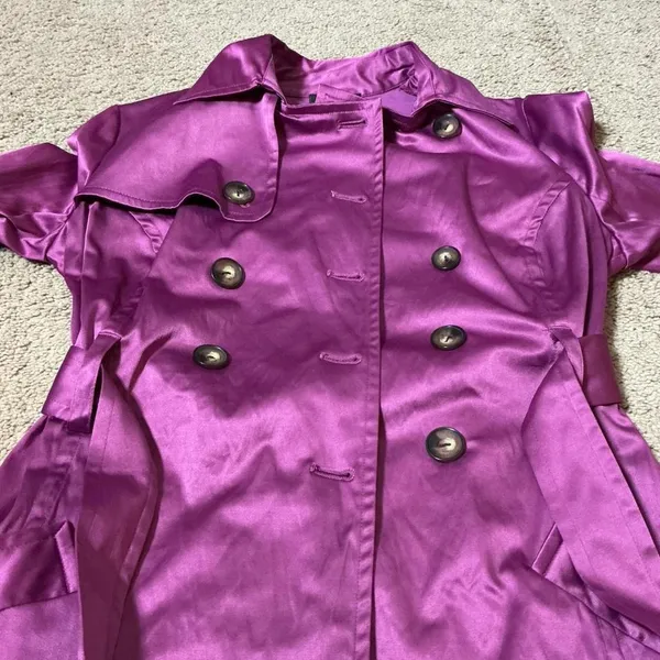 BCX Double Breasted Belted Trench Coat Jacket‎ Women's Size M Purple Satin Look - Image 7