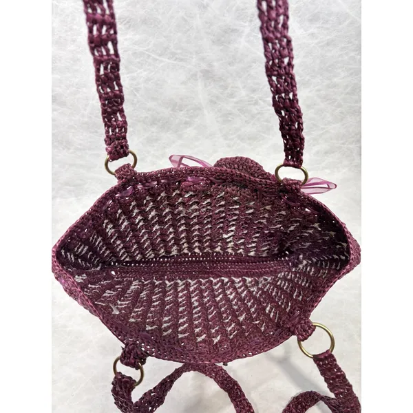 Vintage Handmade Purple White‎ Crochet Nylon Tote Bag Floral Heart Detail Boho - Image 5