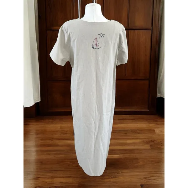 Vintage 90s Christopher & Banks Maxi Dress Sailboat Nautical Tan 12 Whimsical - Image 5