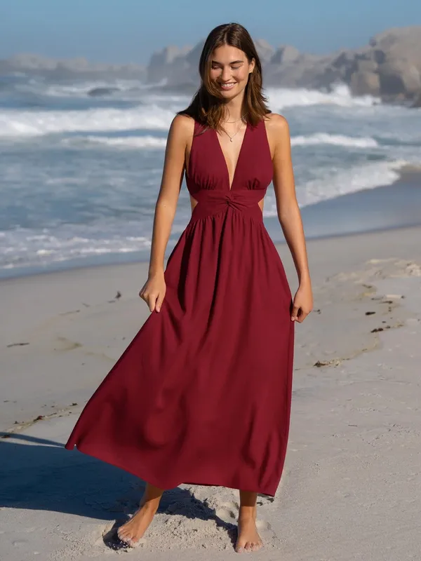Berlook Wine Red V Neck Plaeted Beach Dress - Image 5