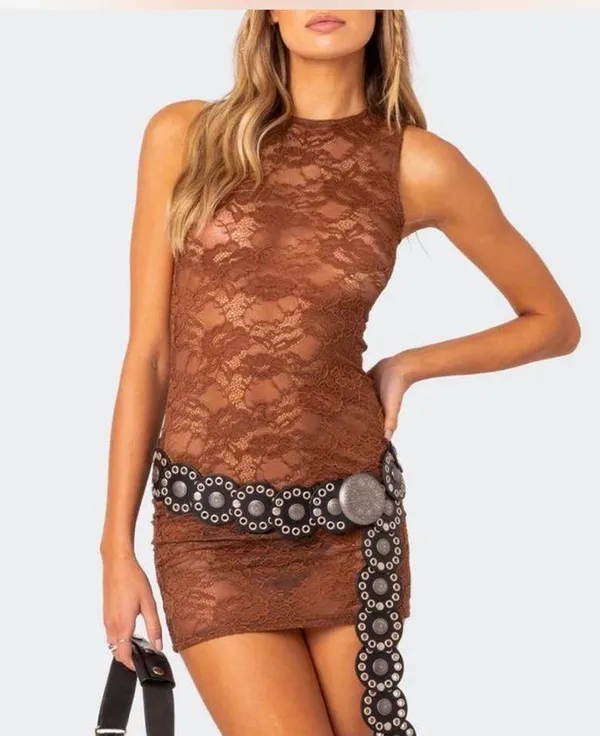 Edikted Brown Lace Mini Dress - Image 2