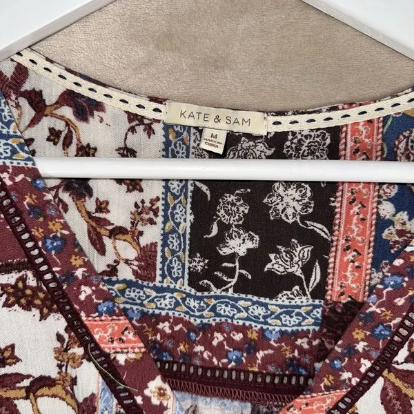 Kate‎ And Sam Womens V Neck Floral Boho Whimsy Tunic Holiday 3/4 Sleeve Top Sz M - Image 4
