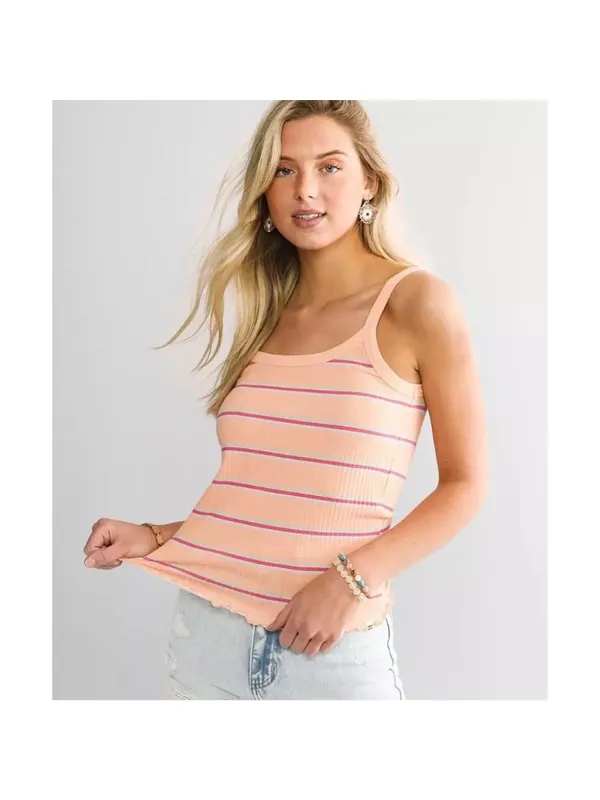 Billabong Tank Top Size Large Apricot Orange Striped‎ Ribbed Lettuce Trim Soft - Image 2