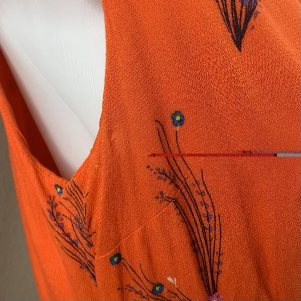 Free People Dress Sz 6 V Neck Orange Red Botanical Long Flutter Cap Sleeve Boho - Image 6