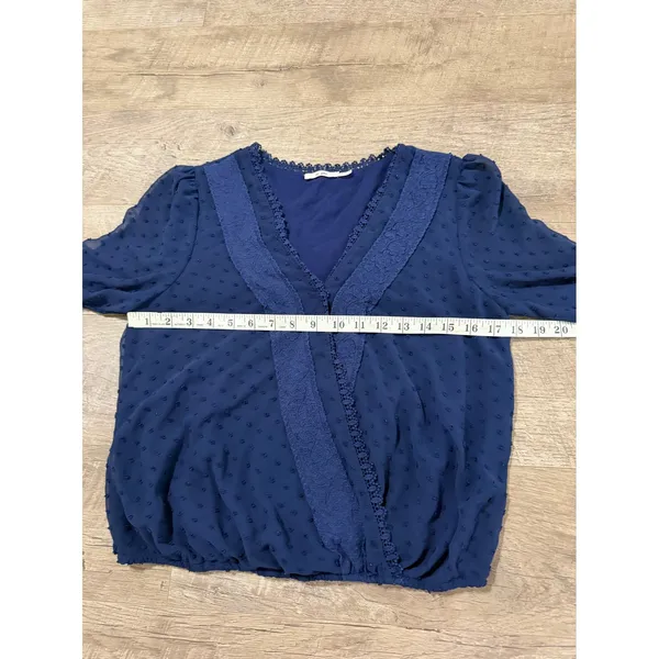 Mi Ami Navy Blue Swiss‎ Dot Lace Trim Faux Wrap Long Sleeve Blouse Medium - Image 8