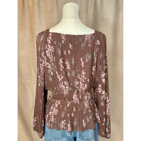 Les Serein Floral Peplum Blouse Small Long Sleeve Brown Pink Boho - Image 2