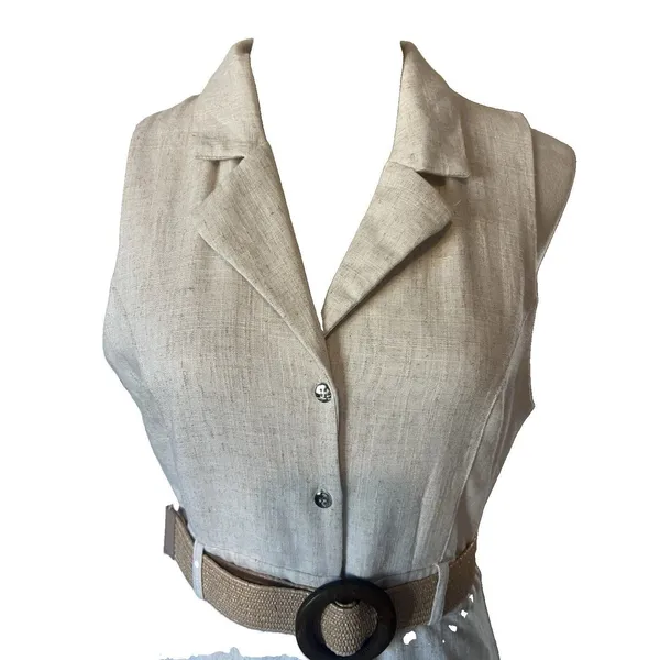 Love Tree Women's Beige Sleeveless Button-Front Belted Midi Shirt Dress M boho - Image 2