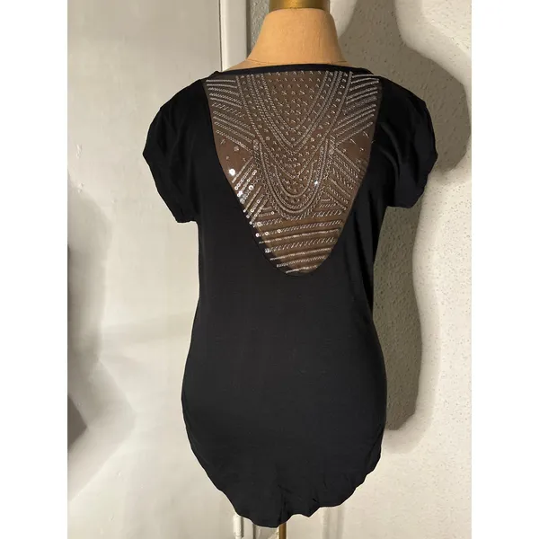 Victoria's Secret Black Sheer Pattern Sequin Short Sleeve Top S Retro Girl Glam - Image 3