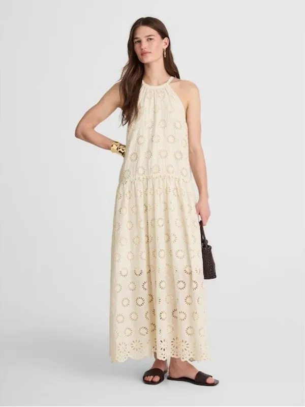 Madewell $198 Embroidered Drop-Waist Maxi Dress Floral Eyelet Ivory Size XXS - Image 4