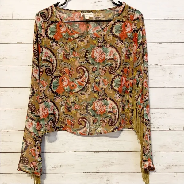 Boho-Chic Cotton Candy Paisley Fringe Top – Size Large - Image 2
