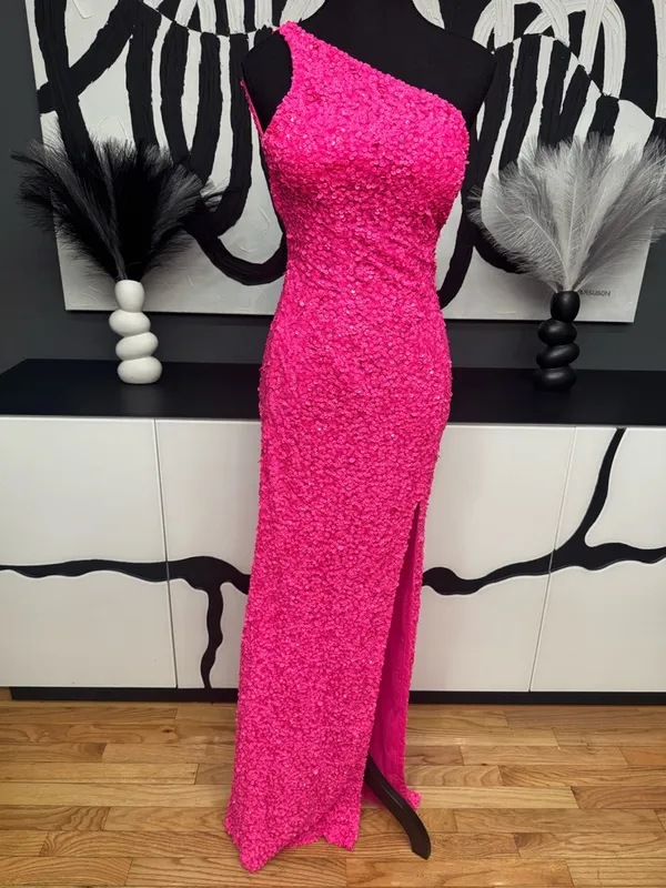 Sherri Hill 54330 Neon Pink Sequin One Shoulder Gown High Slit Women's Dress - Image 4