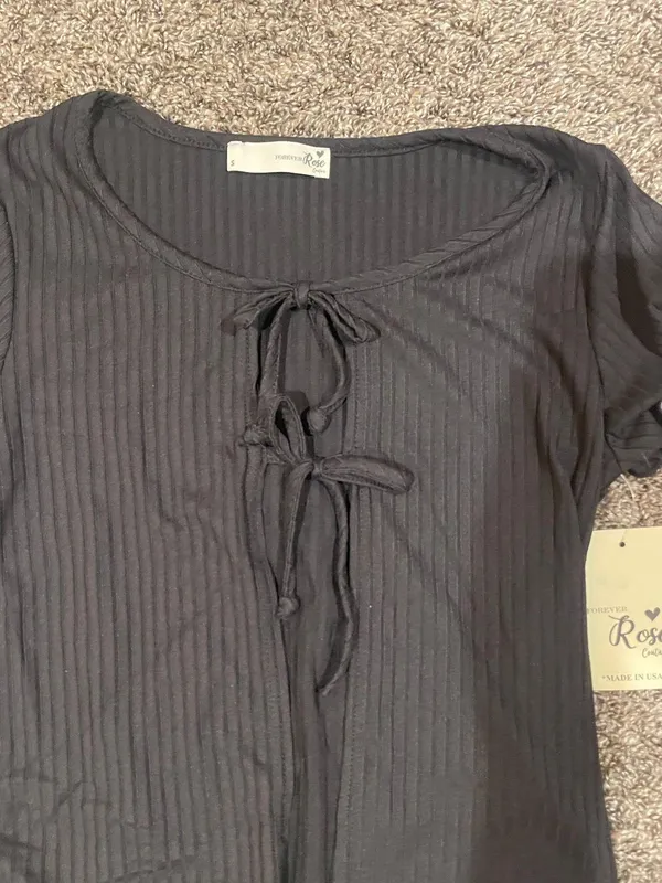 Black Tie Front Short Sleeve Top - Image 3