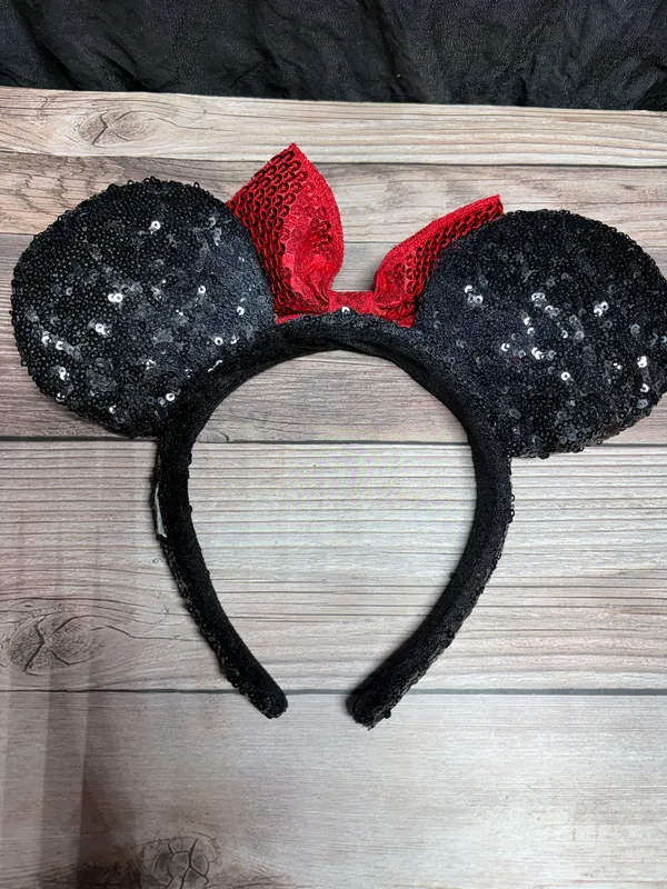 Disney Parks Classic Minnie Mouse Sequined Headband Black Ears Red Bow - Image 2