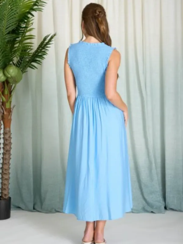 Light Blue Smocked Midi Dress V-Neck Button Front Ruffle Small - Image 3