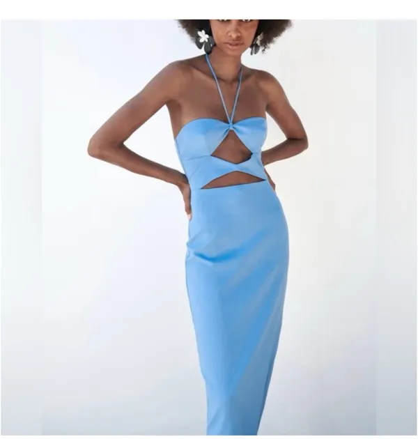 Zara Bright Blue Strapless Cutout Midi Dress - Image 2