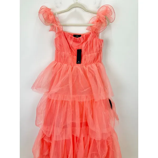 Lulus Tulle For Love Coral Pink Mesh Tulle Tiered Ruffled Maxi Dress Medium NWT - Image 6