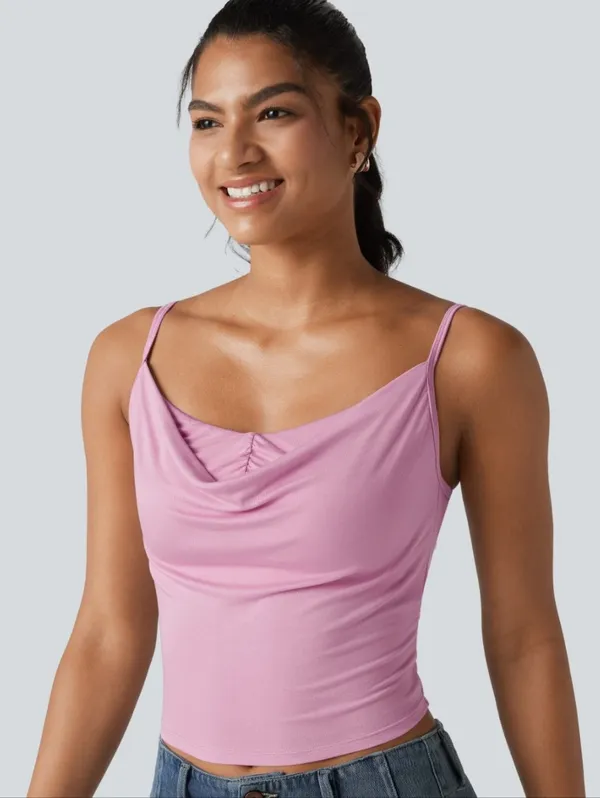 Halara Women’s PinkRibbed Knit Cowl Neck Adjustable Straps Built-in Bra Casual Tank Top - Image 5