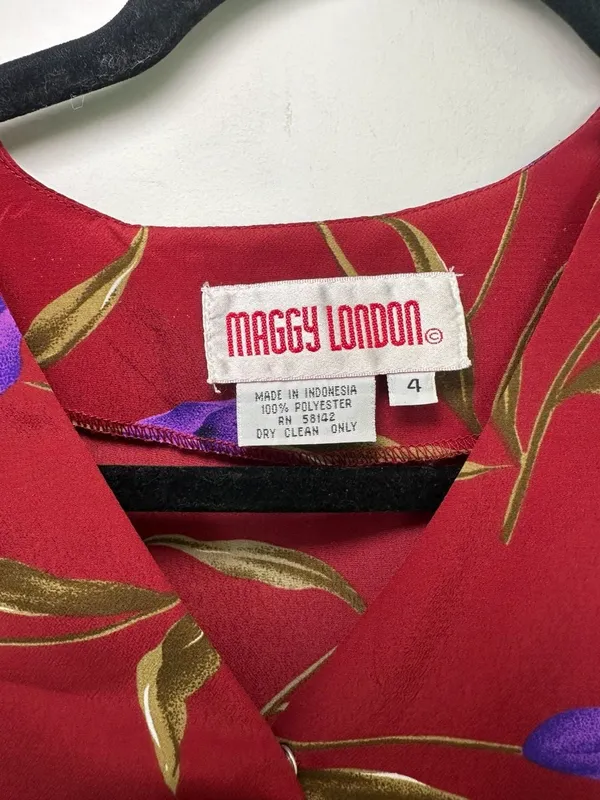 Maggy London Vintage 90s Red Floral Calla Lily Button Front Midi Dress Size 4 - Image 2