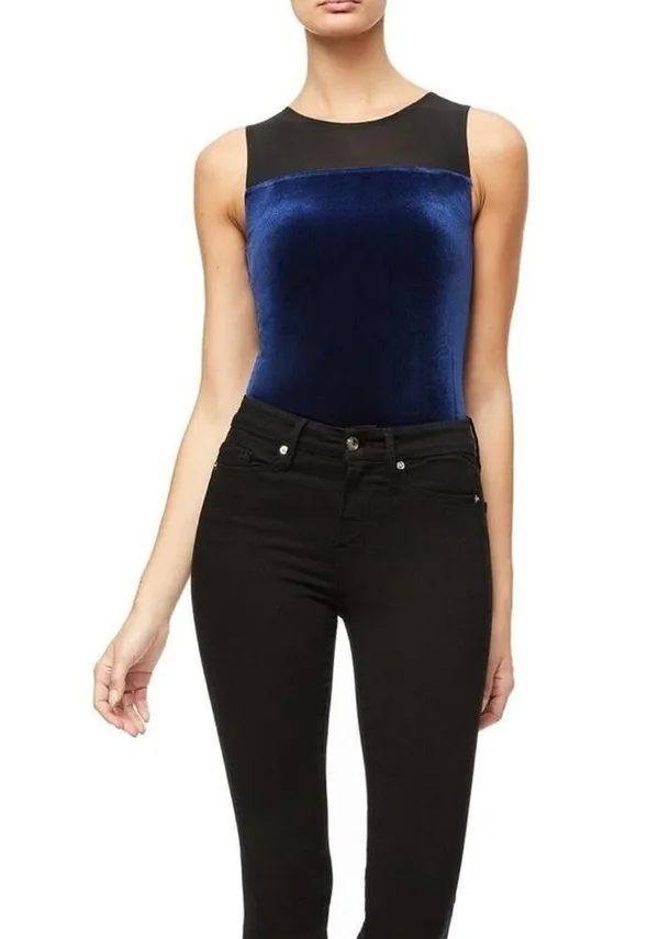 Good American The Mixed Velvet Bodysuit Navy Blue and Black NEW - Image 7