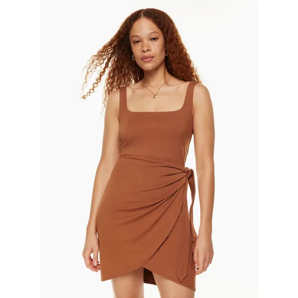 Aritzia Wilfred Saturn Mini Dress Size XS Brown Wrap Stretch Preppy Minimalist - Image 3