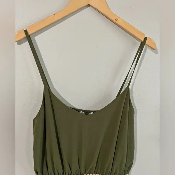 Olive Green Leopard Print Ruffle Hem Mini Dress Empire Waist Large - Image 2