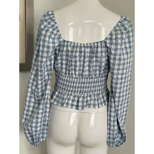 Rose & Grey Women’s M Gingham Peasant Crop Top Long Sleeve Cottagecore Floral - Image 2