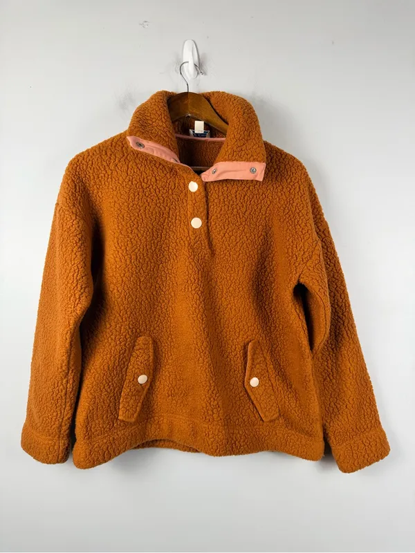 J CREW Women's orangish Brown Snap-collar sherpa sweatshirt size small - Image 2