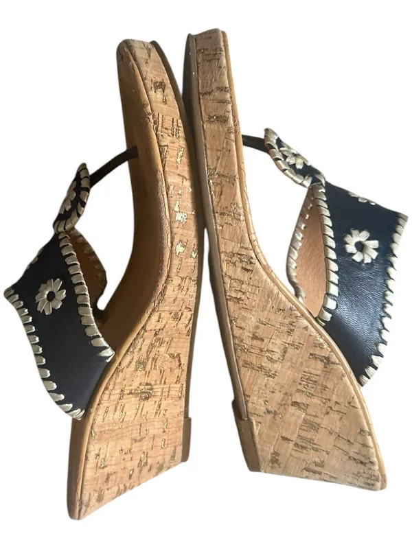 Jack Rogers Navy Blue Leather Cork Wedge Goldtone Flecked Thong Sandals 8 - Image 6