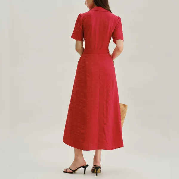 Rihoas Red Belted A-Line Midi Dress - Image 3