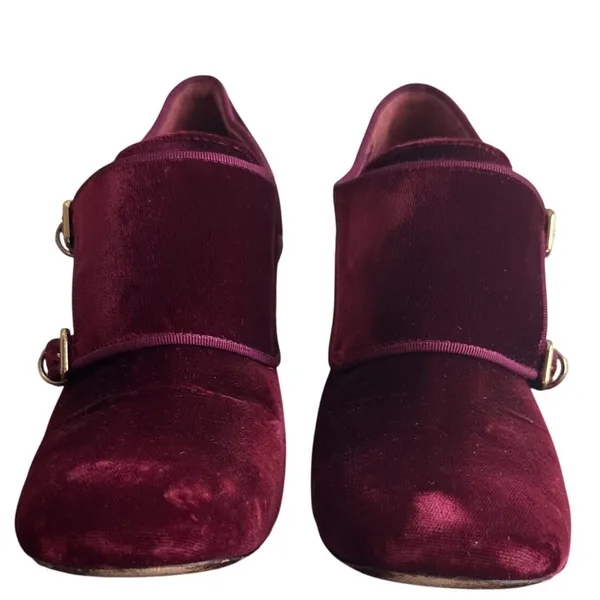Tory Burch Carley Burgundy Velvet Double Buckle Block Heel Booties 6.5 - Image 3