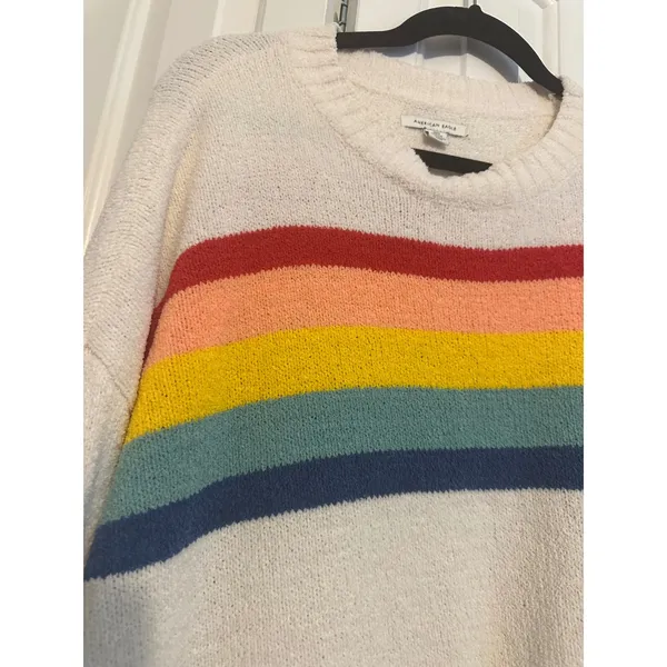 American Eagle‎ Womens Rainbow Striped Knit Sweater Cream Pullover XS XSmall - Image 4