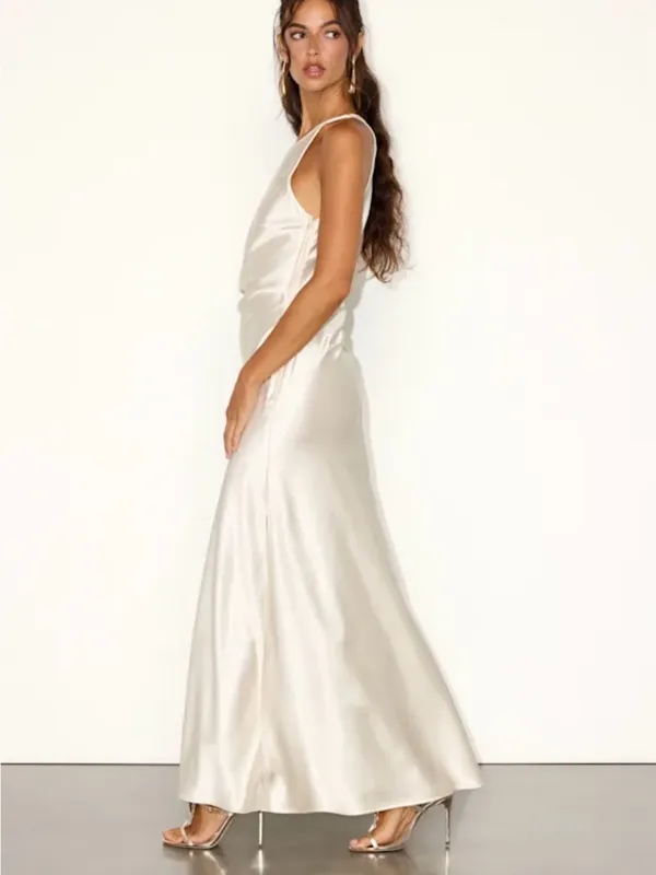 Lulu's Satin Halter Maxi Dress in Ivory Cream - Image 5