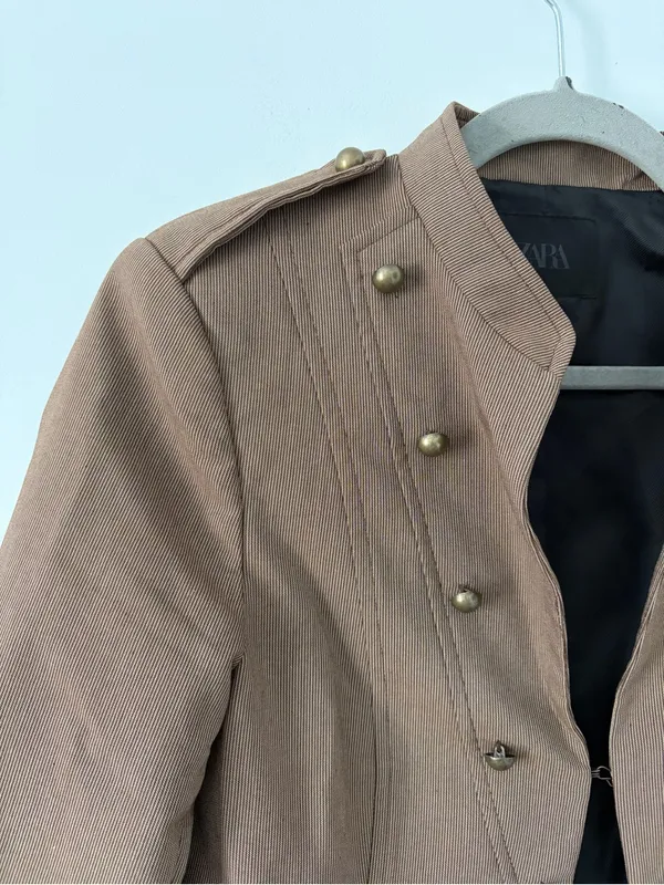 ZARA Buttoned Short Military Style Cropped Blazer Jacket Brown Vigore M - Image 3