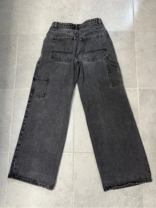 Edikted Black Wide Leg Carpenter Jeans with Front Patch Pockets - Image 2