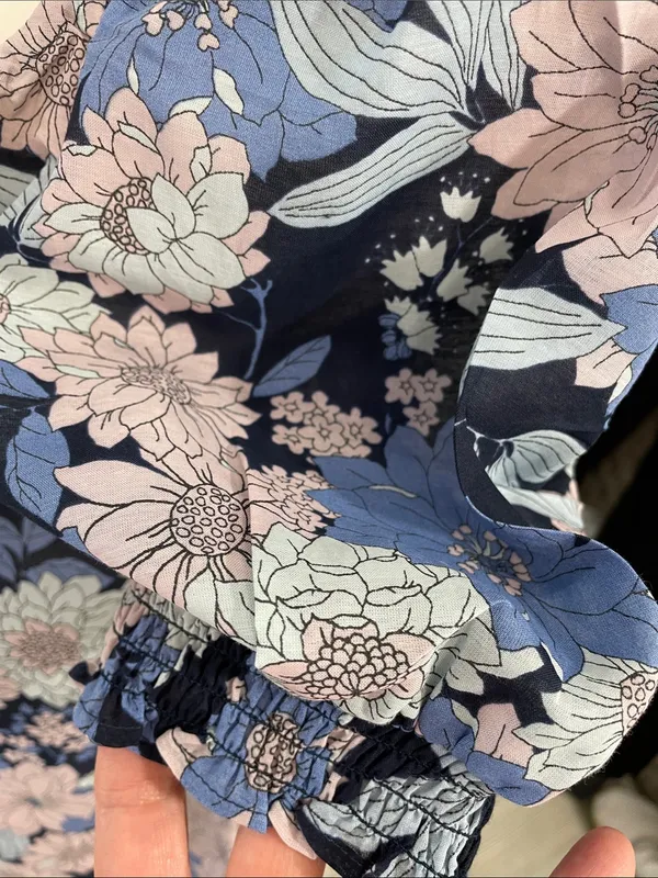 J. Crew Navy Floral Puff-Sleeve Square Neck Top - Image 3
