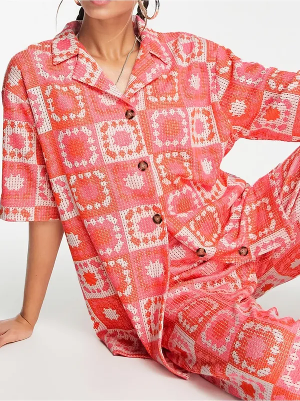 Damson Madder Bessie Wave Crochet Short Sleeve Co-ord Shirt Pink Orange 6 $136 - Image 2