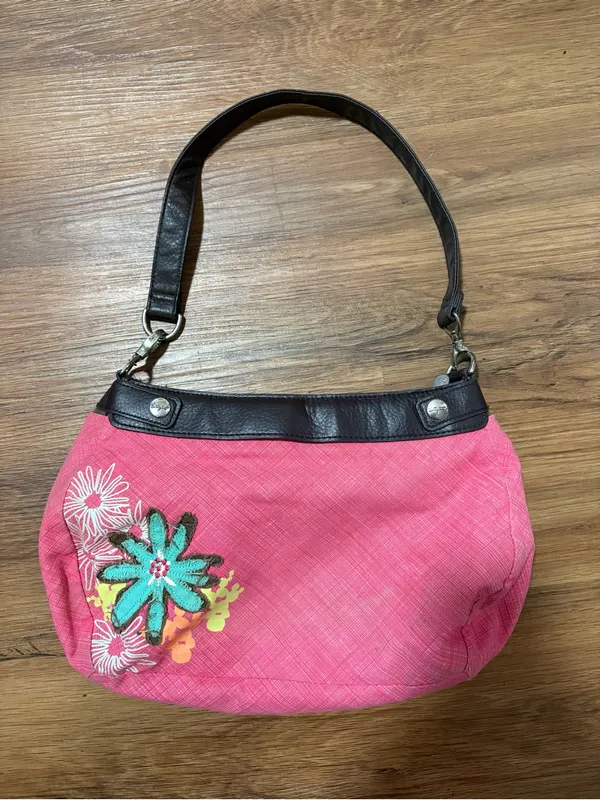 Thirty-One‎ Pink Floral Shoulder Bag Purse Black Trim Zip Top Handbag - Image 3