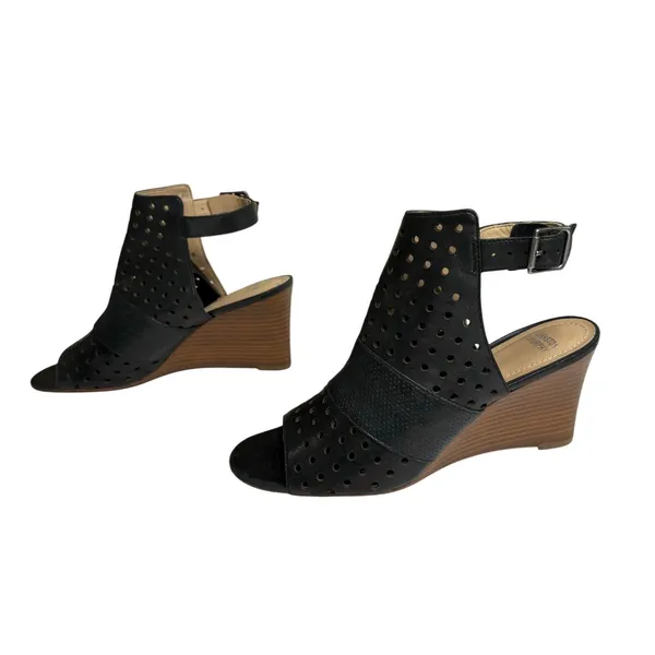 Johnston & Murphy‎ Braley Perf Wedge Black Peep Toe Cage Sandals 7M Preppy - Image 2